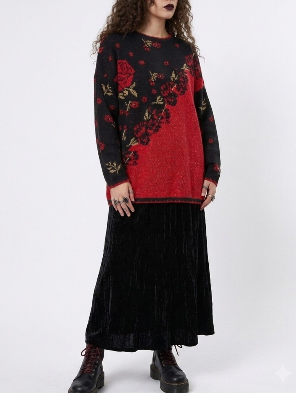 90s Vintage Nutcracker Rose Floral Colorblock Knit Holiday Sweater Black Red